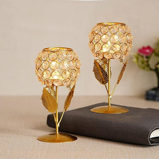 Luxury Brass Crystal Rose Tea Light With Leaf (Pack Of 2)-50% Off