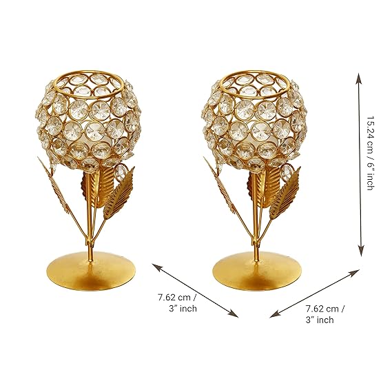 Luxury Brass Crystal Rose Tea Light With Leaf (Pack Of 2)-50% Off