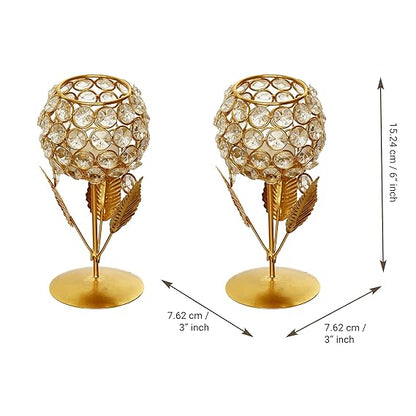 Luxury Brass Crystal Rose Tea Light With Leaf (Pack Of 2)-50% Off