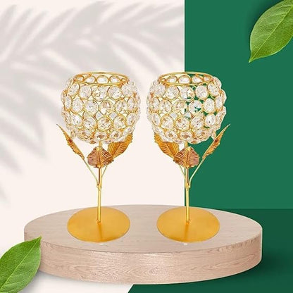 Luxury Brass Crystal Rose Tea Light With Leaf (Pack Of 2)-50% Off