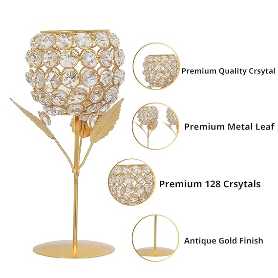 Luxury Brass Crystal Rose Tea Light With Leaf (Pack Of 2)-50% Off