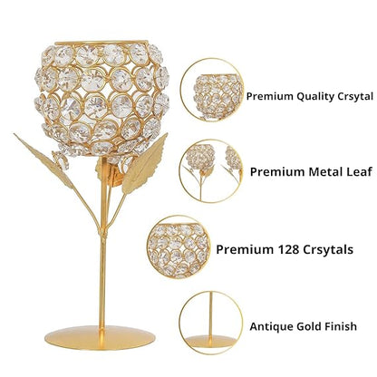 Luxury Brass Crystal Rose Tea Light With Leaf (Pack Of 2)-50% Off