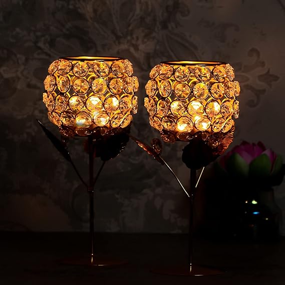 Luxury Brass Crystal Rose Tea Light With Leaf (Pack Of 2)-50% Off